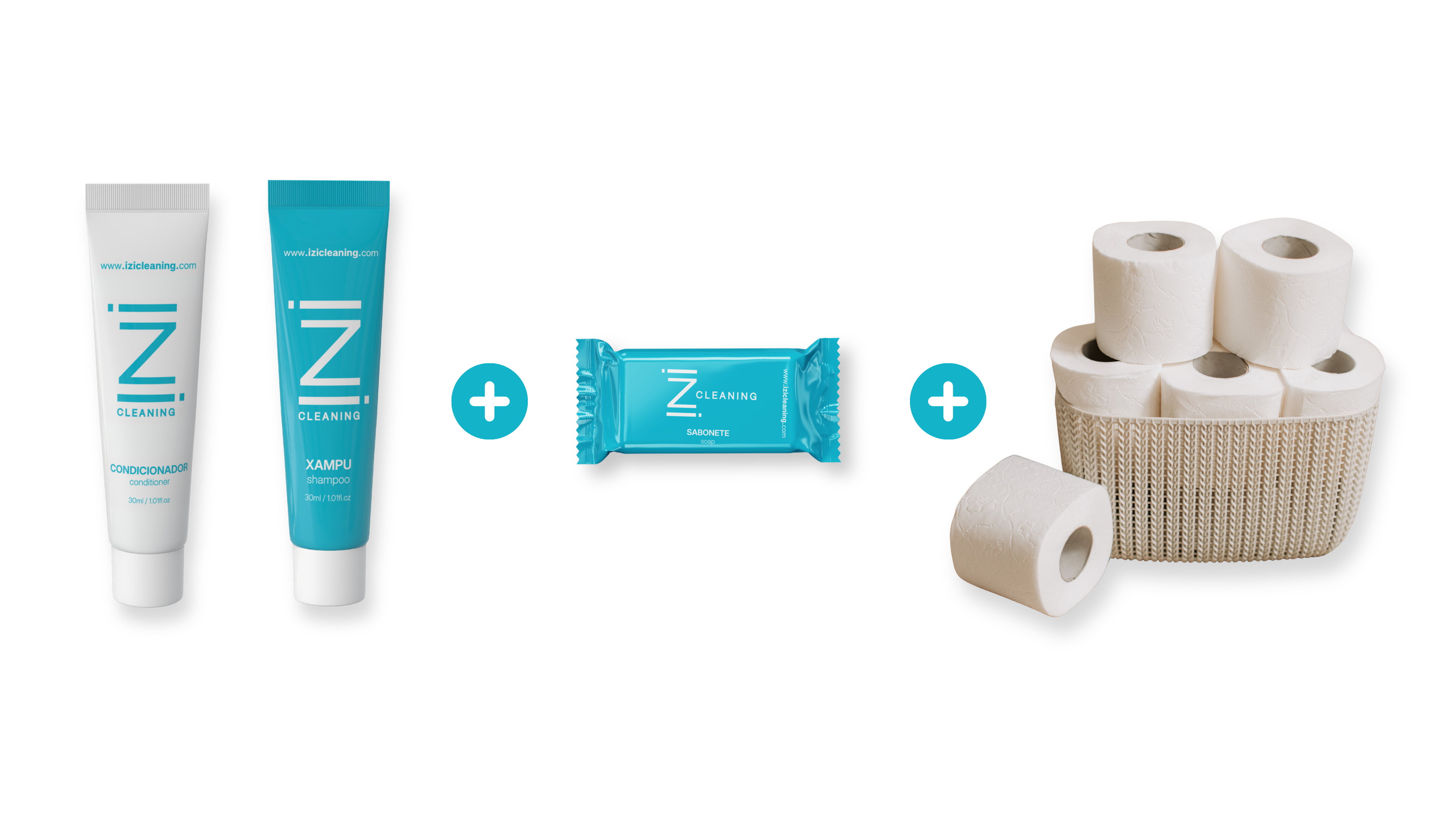 Kit de amenities básico izi — shampoo, condicionador, sabonete e papel higiênico